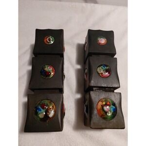 vintage Collectible Rustic wooden blocks with vibrant multicolored glass inserts